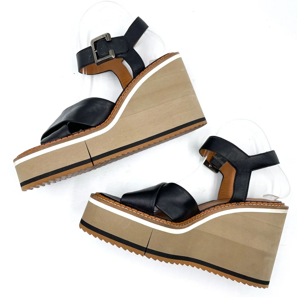 Clergerie Noemi Platform Wedge Sandals Black Leather Criss Cross‎ Sz 40.5 / 10